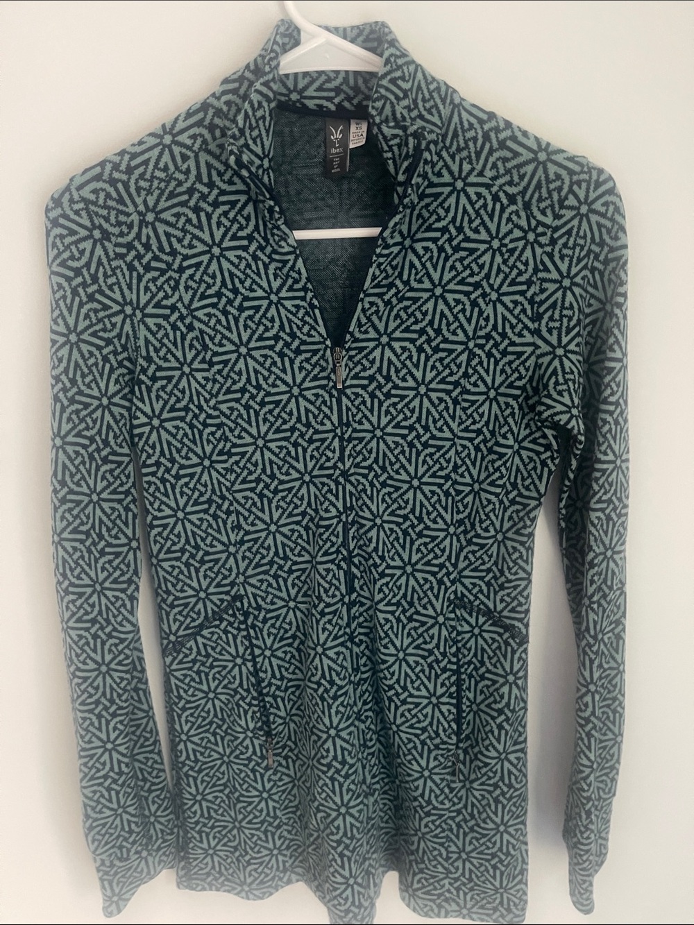 Ibex Women's 💯% Merino Wool Geometric full Zip-Front Sweater Jacket - Teal/Black